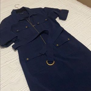 Navy dress with front zipper and wrap belt.